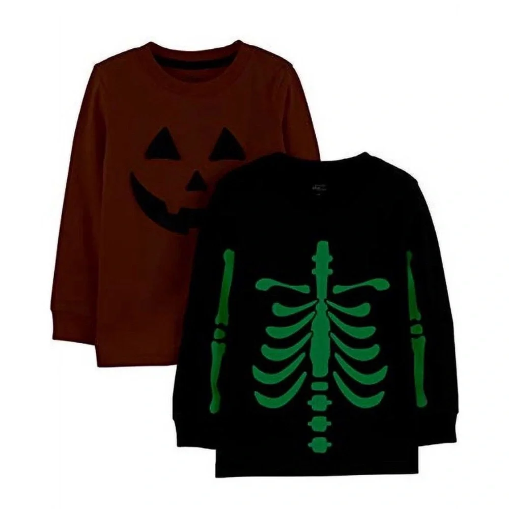 Brand New Boys' Toddler 2-Pack Halloween T-Shirts, Pumpkin/Skeleton, Size 2T NWT - Picture 2 of 5